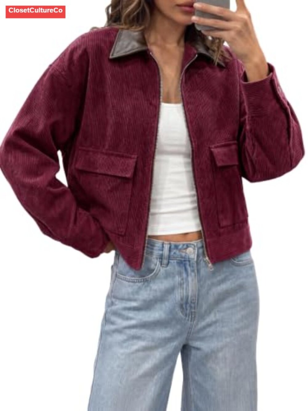 Womens Cropped Corduroy Zip Up Oversized Barn Bomber Jacket
